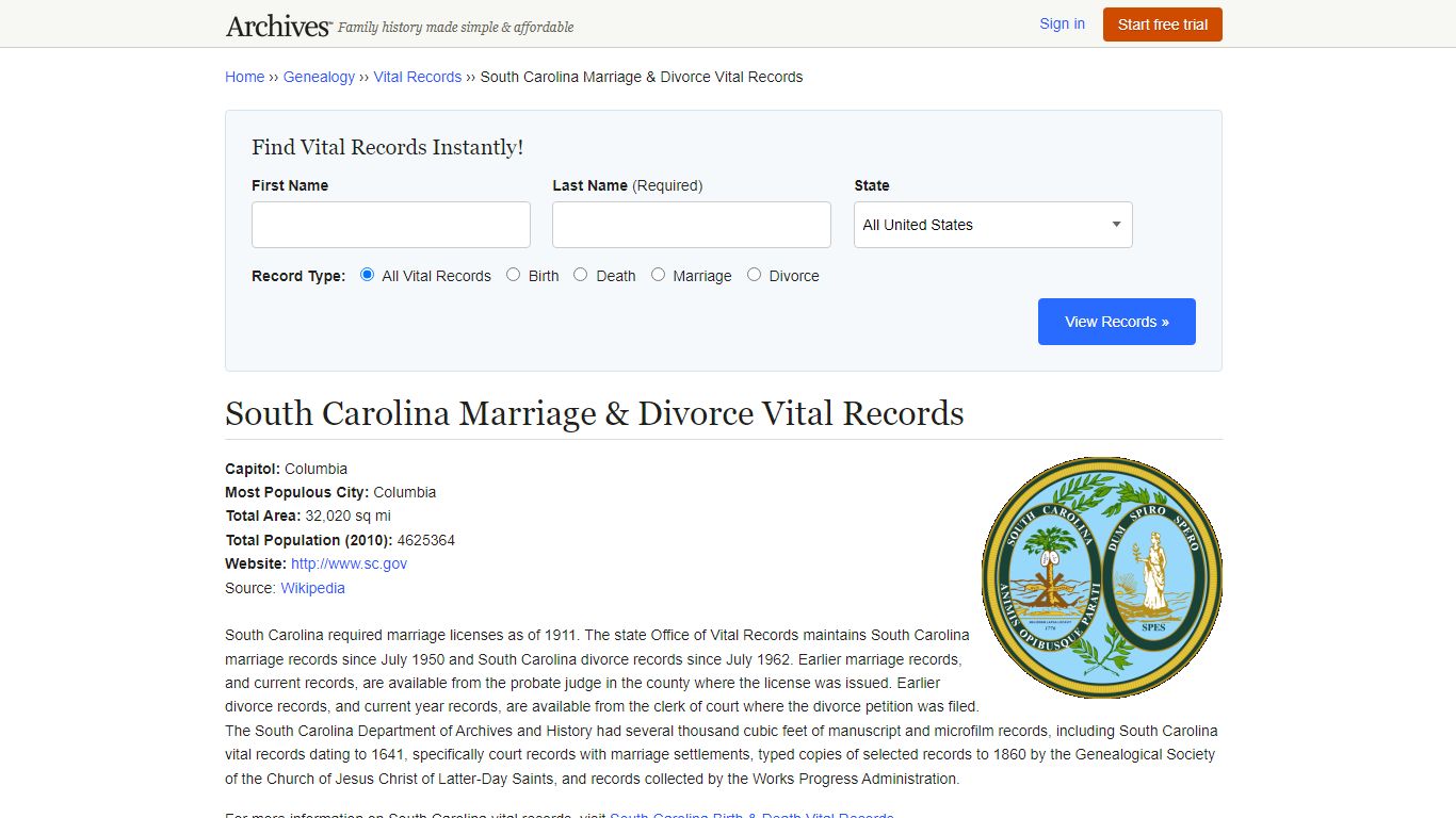 South Carolina Marriage & Divorce Vital Records - Archives.com